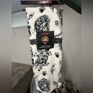 Ed Hardy Black, White & Pink Tiger Logo Plush Throw